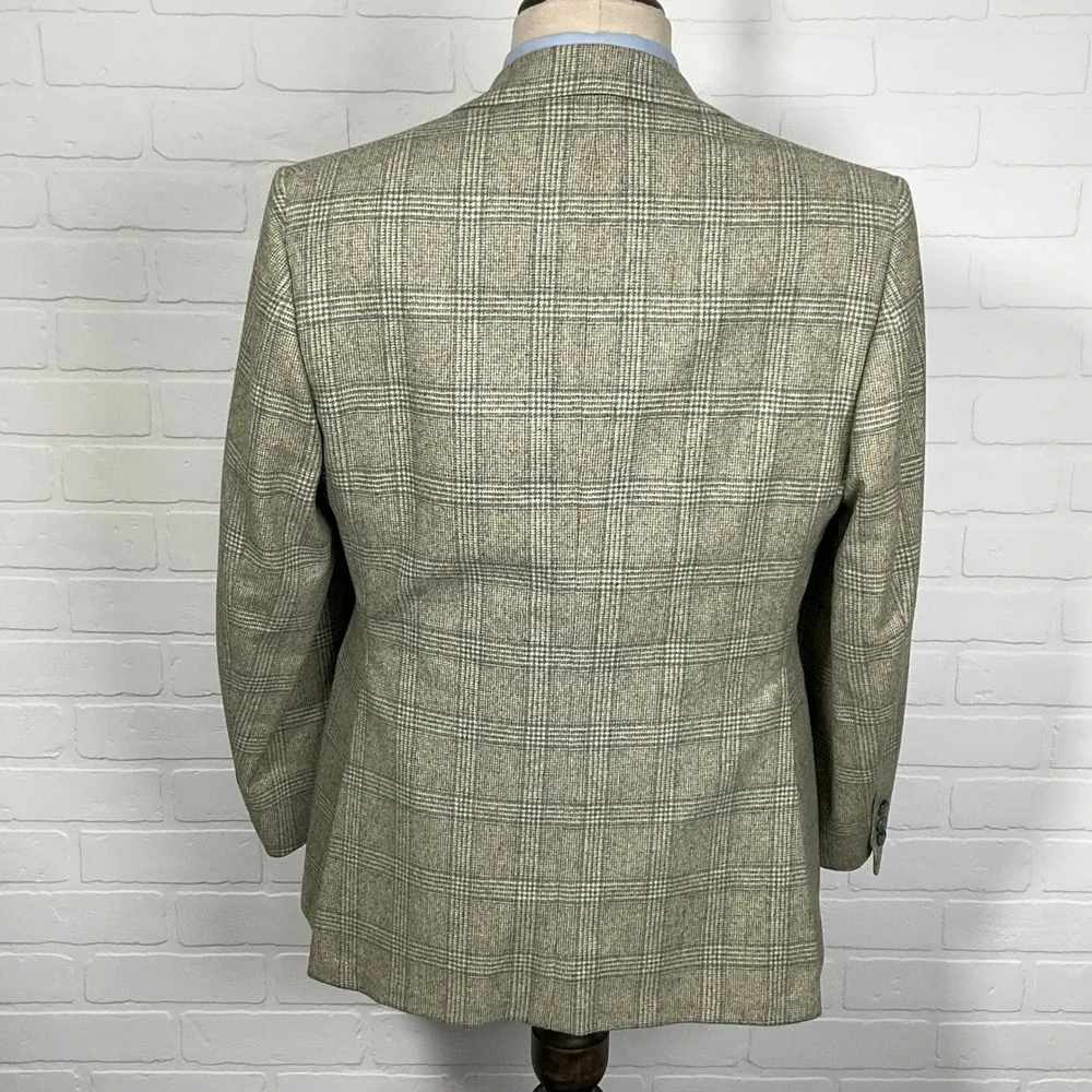 Geoffrey Beene Blazer Men 40 Green‎ Windowpane Plaid Two Button Tweed Wool VTG